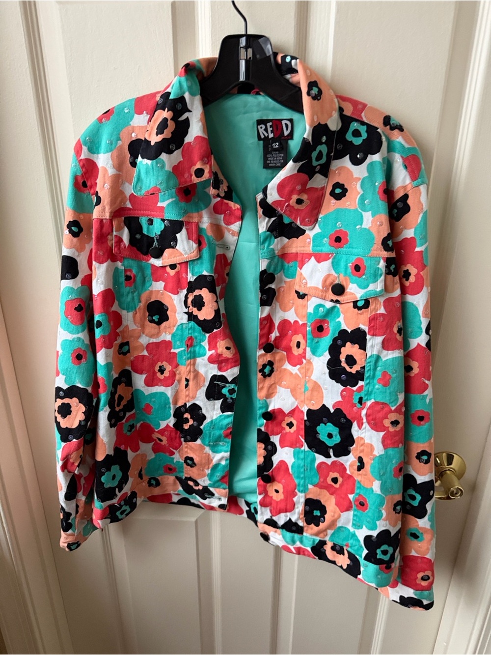 Redd Multi-Color Floral Cotton Jean Jacket - Red, Teal, Coral, Black